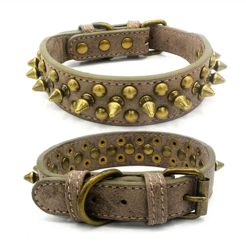 French Bulldog Pitbull Dogs Collar Retro Golden Rivet Studded Leather Pet Collar for Small Medium Large Dogs Spiked Neck Strap