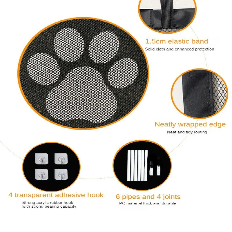 Expandable Pet Gate for Dogs & Cats -PE Mesh & Transparent Hook, Adjustable Portable Design, Indoor/Outdoor Use, Space-Saving
