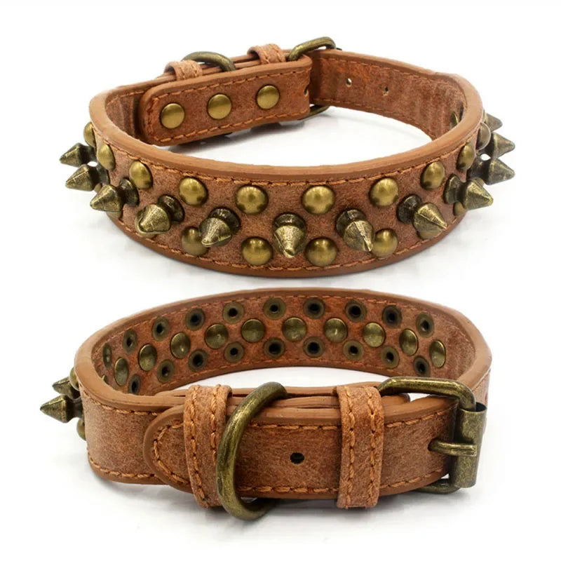 French Bulldog Pitbull Dogs Collar Retro Golden Rivet Studded Leather Pet Collar for Small Medium Large Dogs Spiked Neck Strap