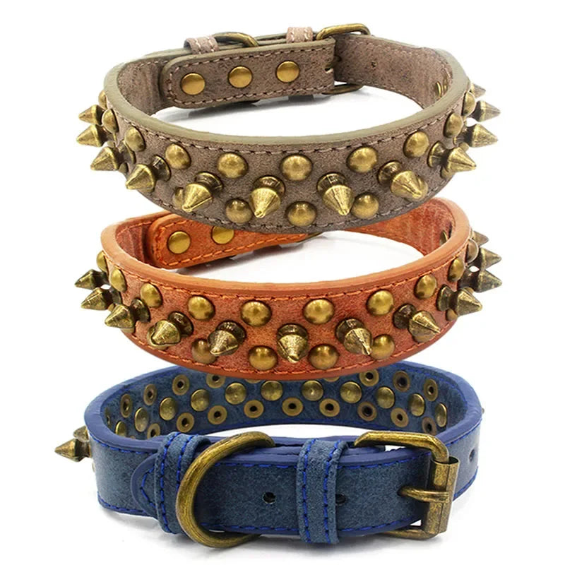 French Bulldog Pitbull Dogs Collar Retro Golden Rivet Studded Leather Pet Collar for Small Medium Large Dogs Spiked Neck Strap