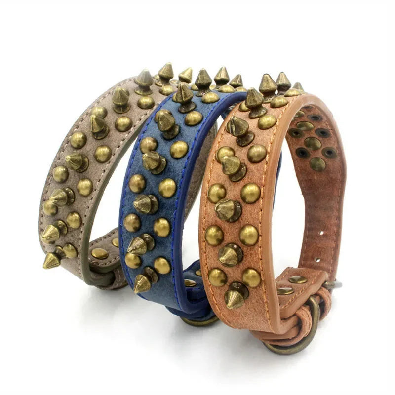 French Bulldog Pitbull Dogs Collar Retro Golden Rivet Studded Leather Pet Collar for Small Medium Large Dogs Spiked Neck Strap