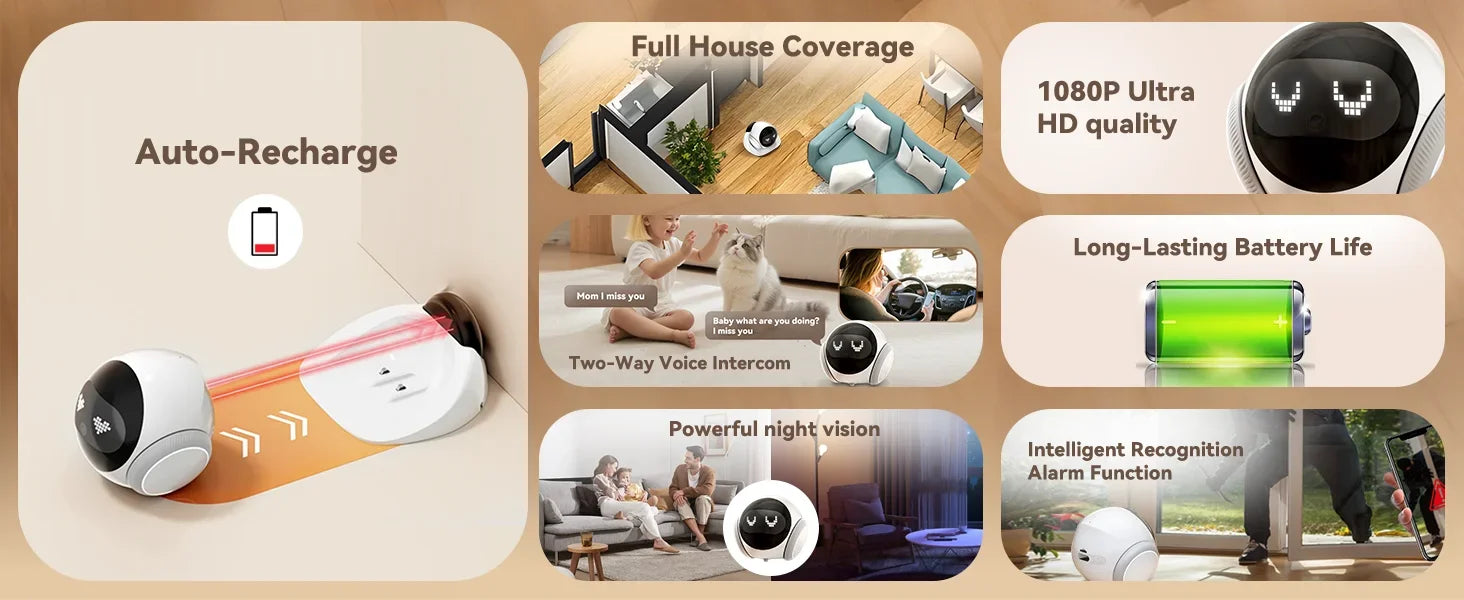 Pet Robot Camera | Indoor Movable with Auto-Recharge,2-Way Audio,Night Vision,Smart App Control,Cats/Dogs/Baby/Elderly