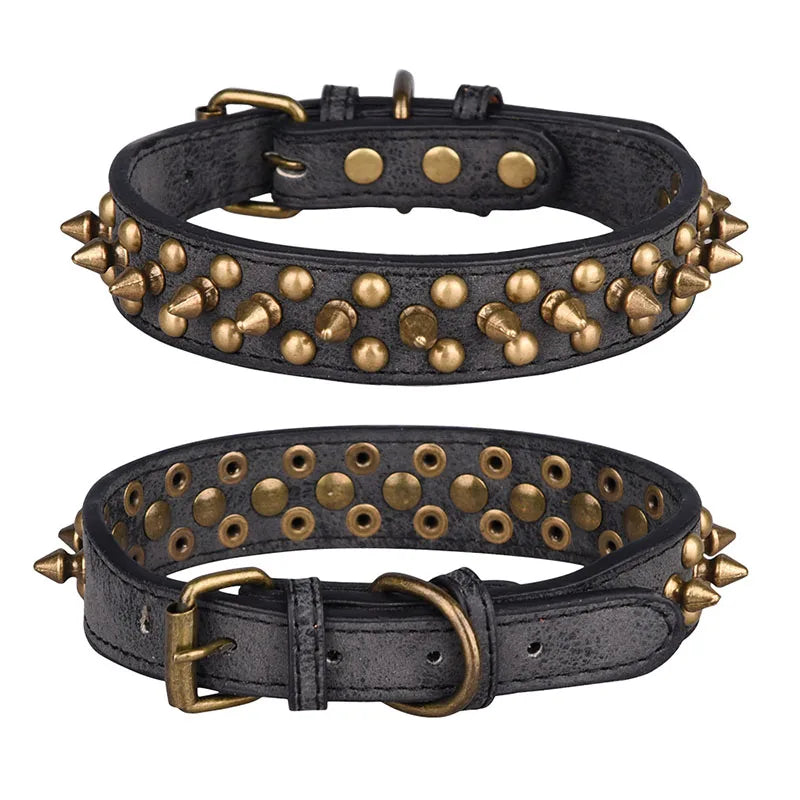 French Bulldog Pitbull Dogs Collar Retro Golden Rivet Studded Leather Pet Collar for Small Medium Large Dogs Spiked Neck Strap