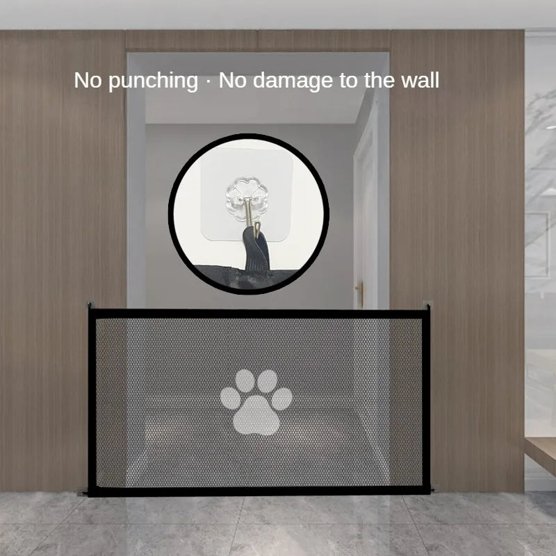 Expandable Pet Gate for Dogs & Cats -PE Mesh & Transparent Hook, Adjustable Portable Design, Indoor/Outdoor Use, Space-Saving