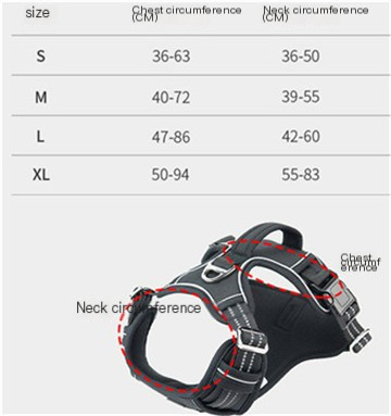 Waterproof Dog Harness - size and colour reference